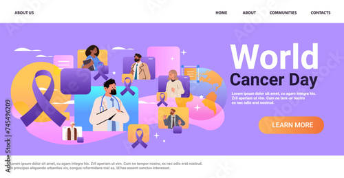 doctor giving online medical consultation purple ribbon world cancer day breast disease awareness prevention poster 4 february