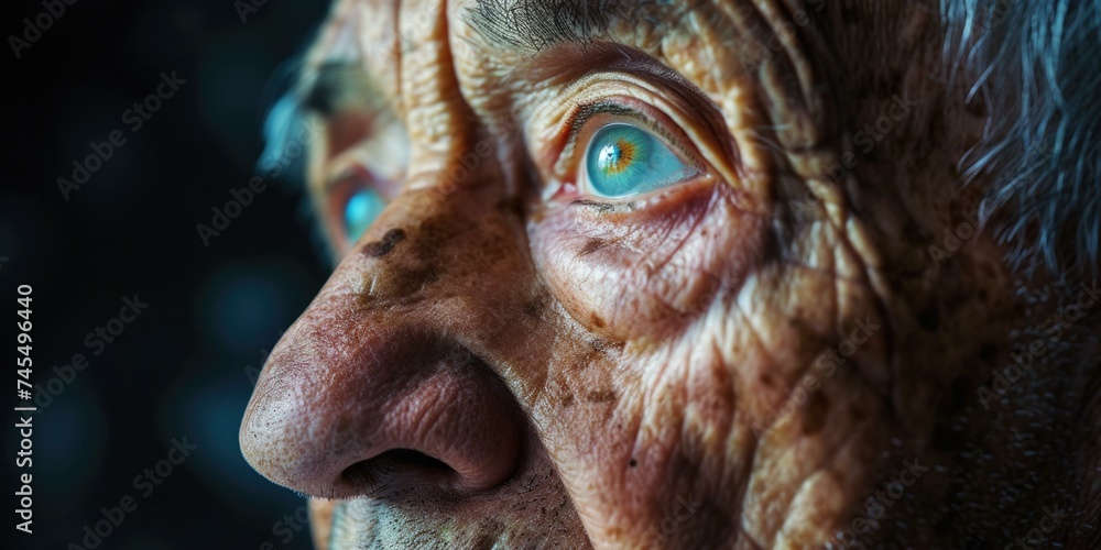 Close up of an old man's face with blue eyes. Generative AI.