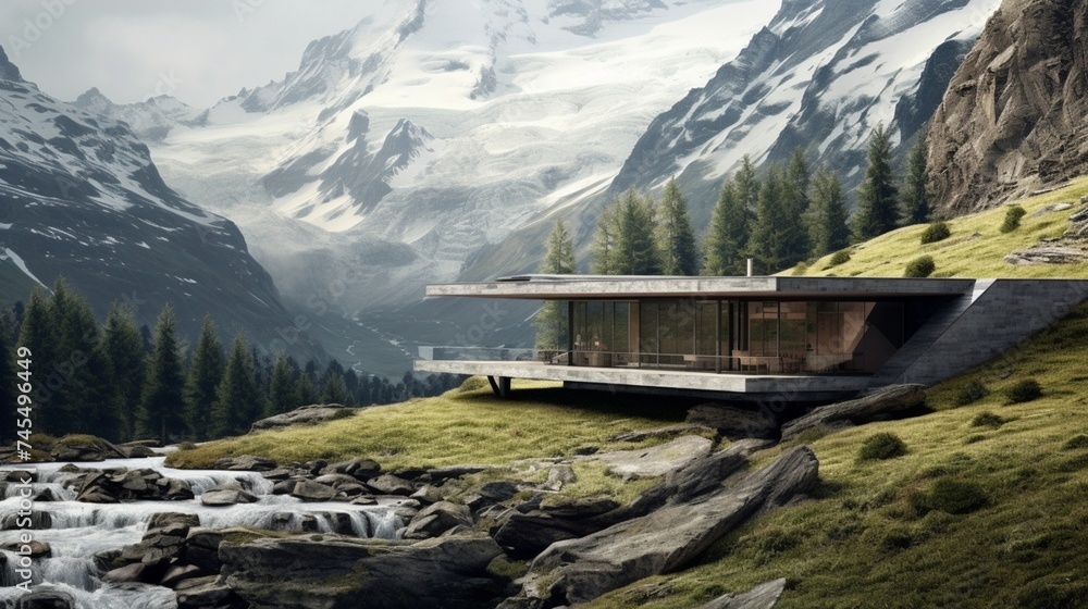 a serene depiction of a minimalist mountain retreat in a High Alpine Valley