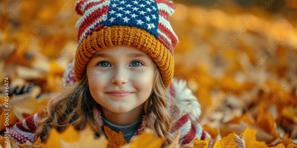 A little girl in a hat and sweater laying in leaves. Generative AI.