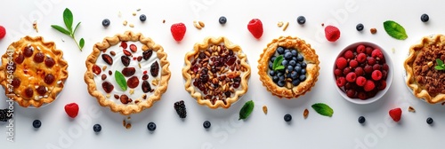 A row of pies with berries and nuts on a white background. Generative AI.