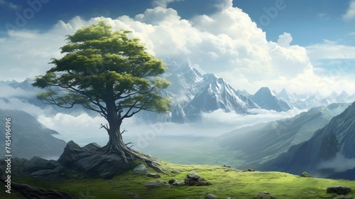 a serene depiction of a single alpine tree overlooking a quiet valley