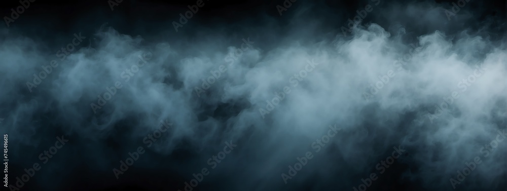 Panoramic view of a blue abstract fog mist on plain black background from Generative AI Panoramic view of a blue abstract fog mist on plain black background from Generative AI