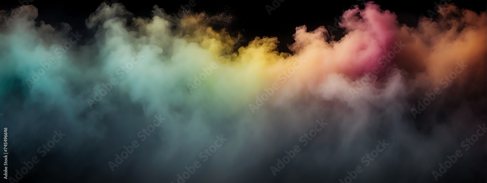Panoramic view of a colorful abstract fog mist on plain black background from Generative AI