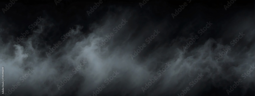 Panoramic view of a dark abstract fog mist on plain black background from Generative AI