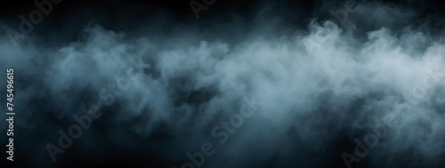 Panoramic view of a blue abstract fog mist on plain black background from Generative AI