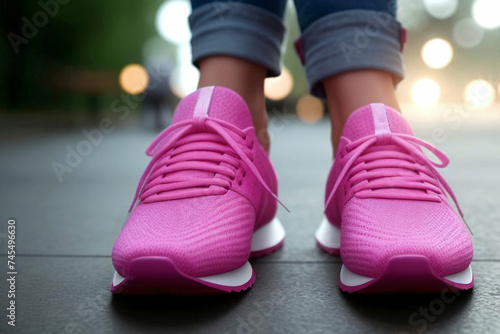 Bold, flashy and eye catching, a young woman goes out wearing a new pair of trendy bright fluorescent shoes. Teenager walking the streets with a fancy pair of pink fluorescent sneakers.