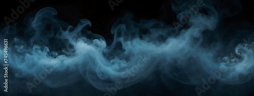 Panoramic view of a blue abstract fog smoke on plain black background from Generative AI