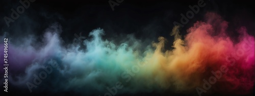 Panoramic view of a colorful abstract fog mist on plain black background from Generative AI