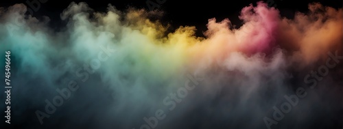 Panoramic view of a colorful abstract fog mist on plain black background from Generative AI