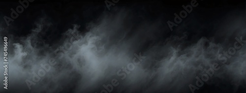 Panoramic view of a dark abstract fog mist on plain black background from Generative AI