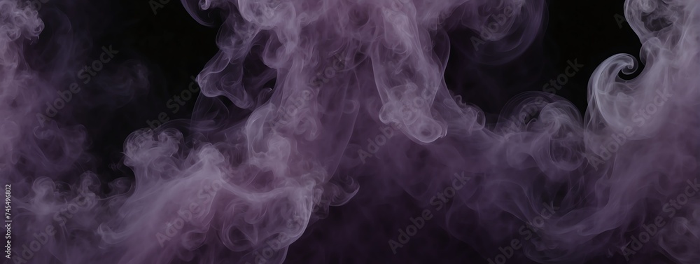 Panoramic view of a purple abstract fog smoke on plain black background from Generative AI