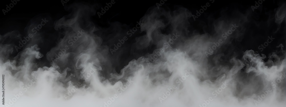 Panoramic view of a white abstract fog mist on plain black background from Generative AI - obrazy, fototapety, plakaty 