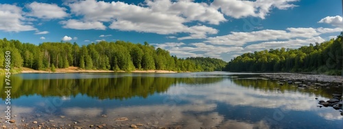 Panoramic view of a river banks with forest and rock formations from Generative AI