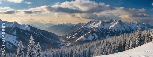 Panoramic view of a snowy winter mountain landscape from Generative AI © Arceli