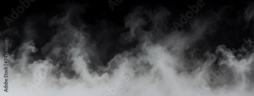Panoramic view of a white abstract fog mist on plain black background from Generative AI