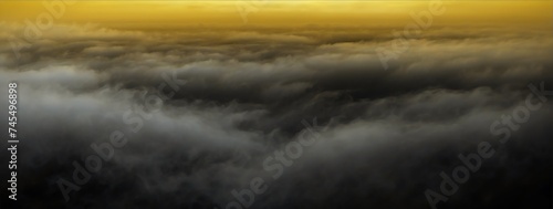 Panoramic view of a yellow abstract fog mist on plain black background from Generative AI