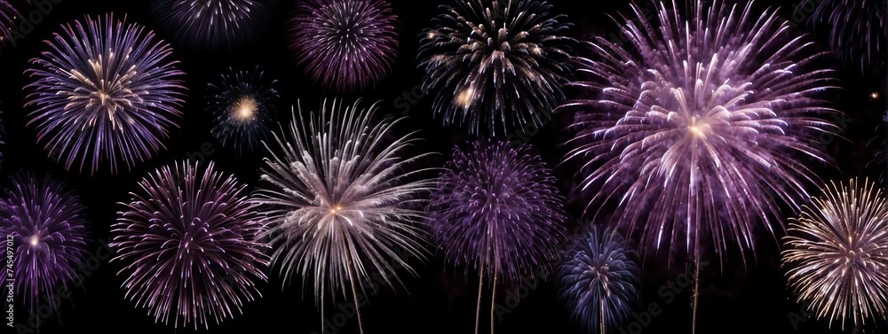 Panoramic view of purple fireworks display on plain black background from Generative AI Panoramic view of purple fireworks display on plain black background from Generative AI