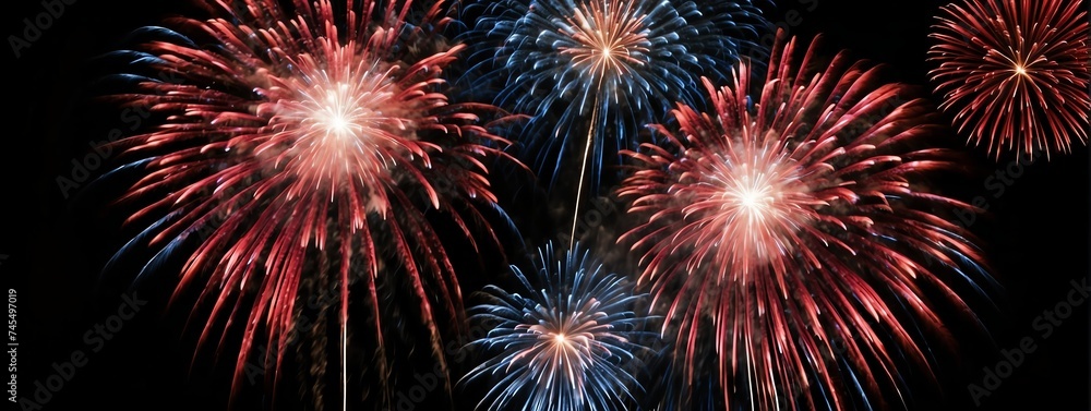 Panoramic view of red and blue fireworks display on plain black background from Generative AI Panoramic view of red and blue fireworks display on plain black background from Generative AI