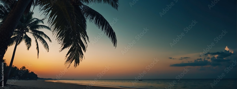 Panoramic view of tropical beach with coconut palm tree on night from Generative AI