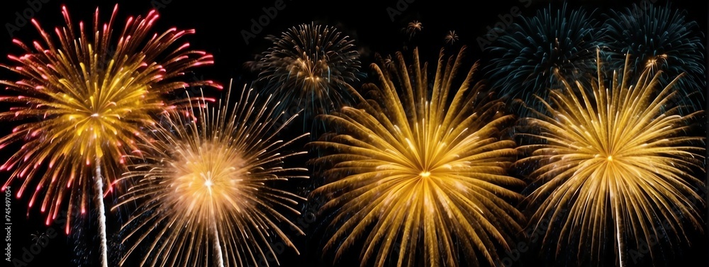Panoramic view of yellow fireworks display on plain black background from Generative AI Panoramic view of yellow fireworks display on plain black background from Generative AI