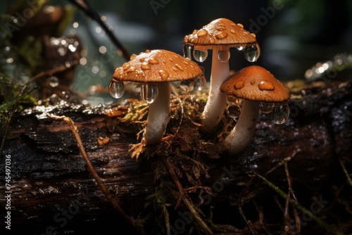 Mushroom wet wood. Fungi food. Generate Ai