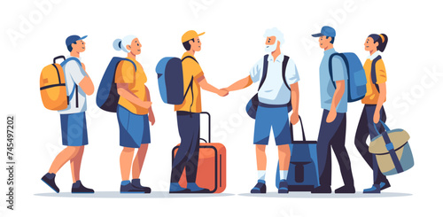 passengers with luggage standing together in line queue travel vacation concept horizontal