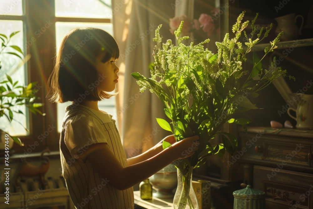 Young girl holding a vase with fresh olive branches in a warmly lit room Young girl holding a vase with fresh olive branches in a warmly lit room