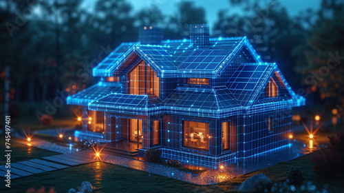  A house visualized in a digital blueprint style glows against the evening ambiance  showcasing smart home concepts.