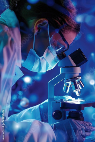 Young female scientist examining a specimen under a microscope in a high-tech lab