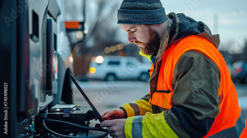A mechanic in high vis works on an EV charger in a truck stop parking lot. AI generative. photo