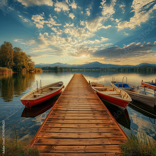 Serenity and leisure captured in panoramic view of wooden pier on lake. AI generative.