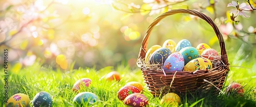 Easter Celebration with Colorful Painted Eggs in a Basket on Sunny Grass. Generative ai © Scrudje
