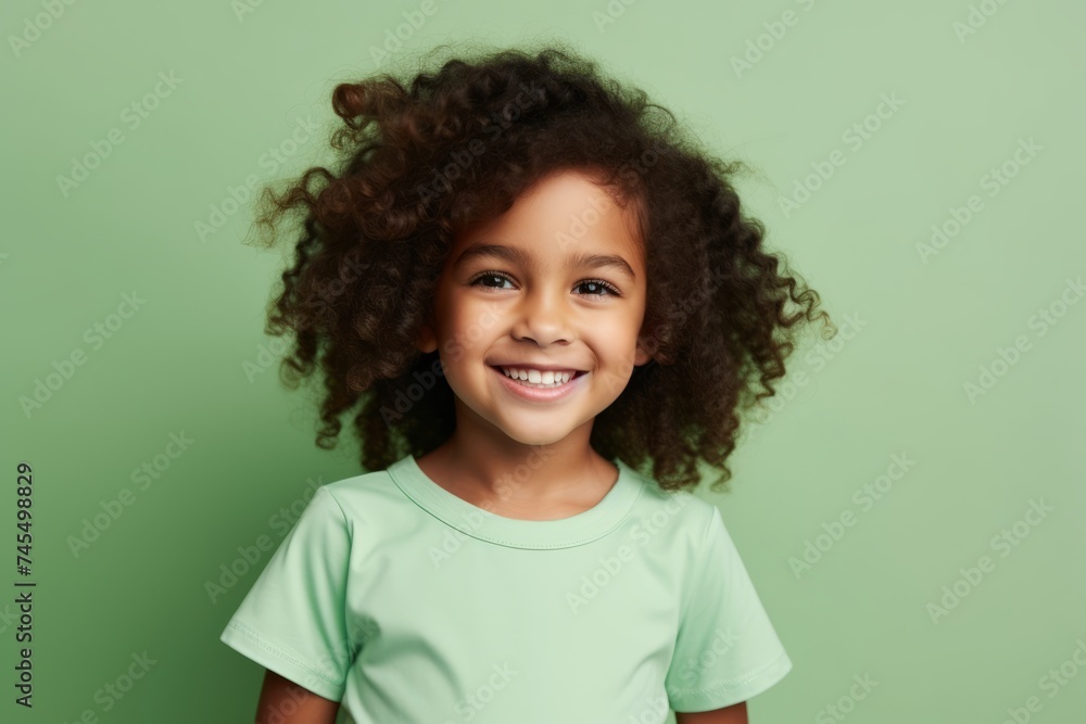 happy african american little girl in green t-shirt on green background happy african american little girl in green t-shirt on green background