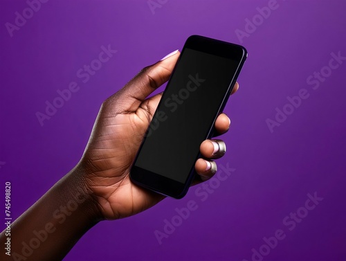 Hand Holding Smartphone with Blank Screen on Purple Background. Generative ai