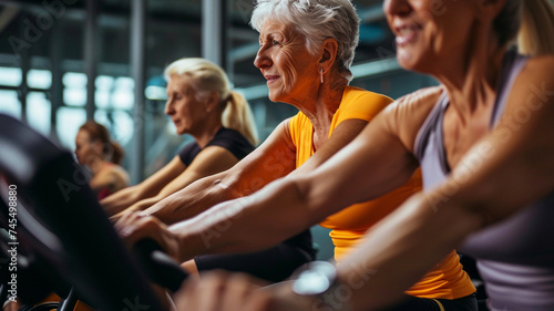 A fit senior woman doing a cycling workout at a gym