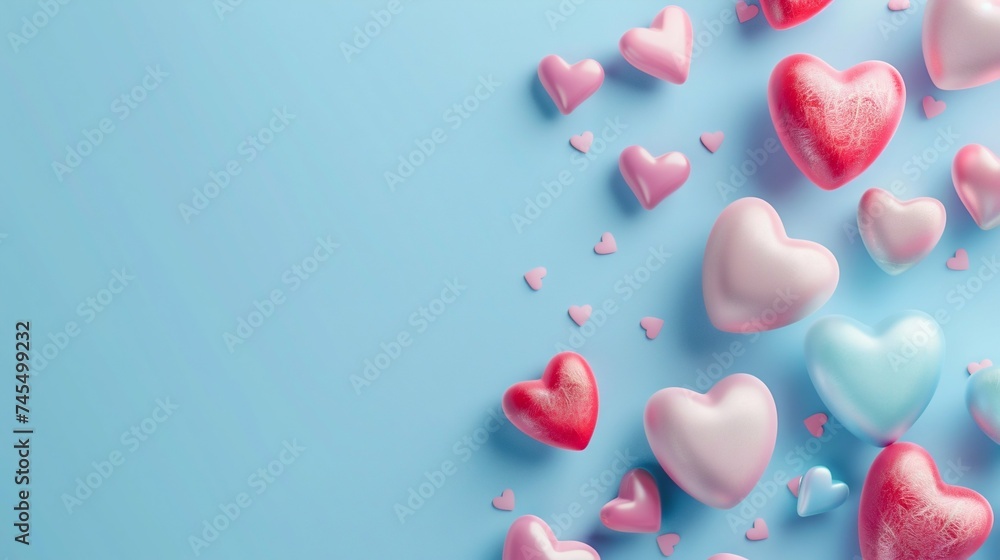 Celebration of Love: 3D Hearts on a Serene Blue Background. Generative ai