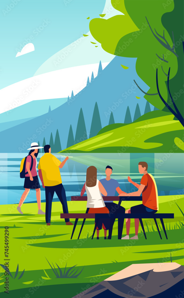people relaxing in park or river bank with wooden benches and tables tourists resting outdoors summer landscape background