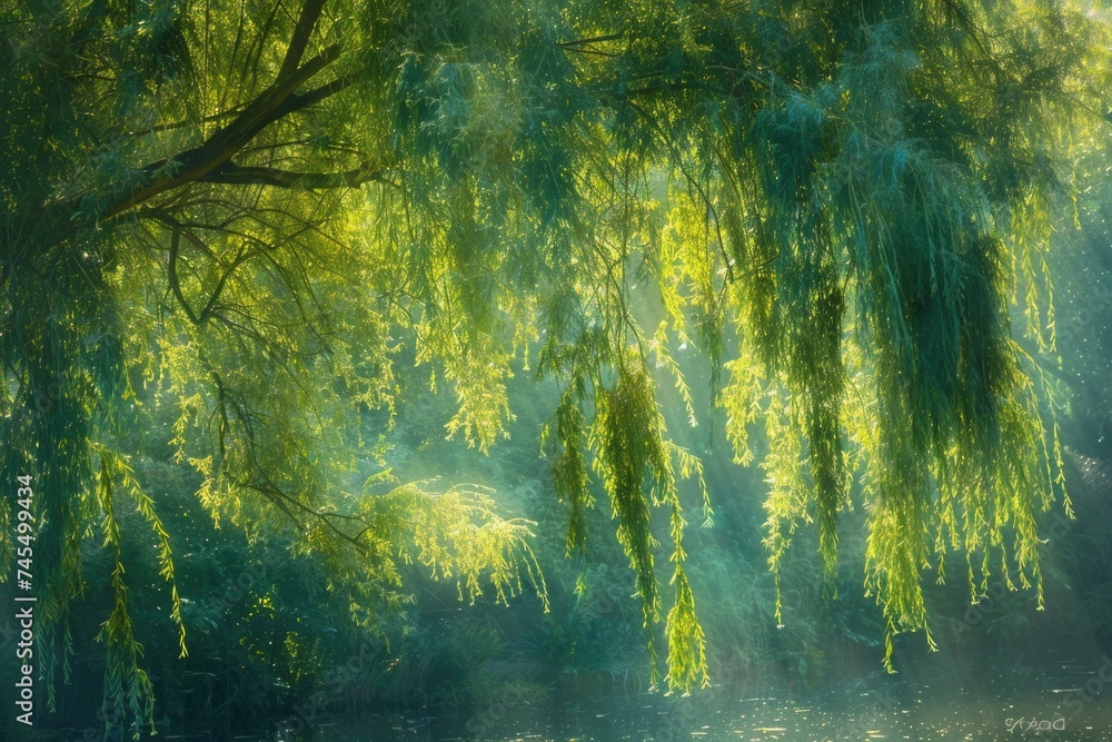 Enchanting Sunrays Filtering Through the Lush Canopy of a Weeping Willow Tree - obrazy, fototapety, plakaty 