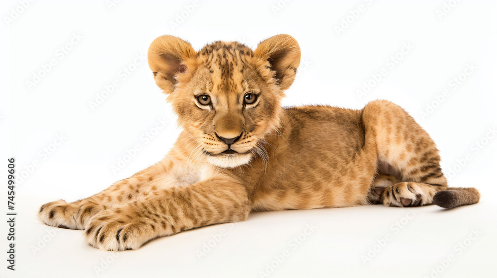 A cute little lion cub isolated on a white background