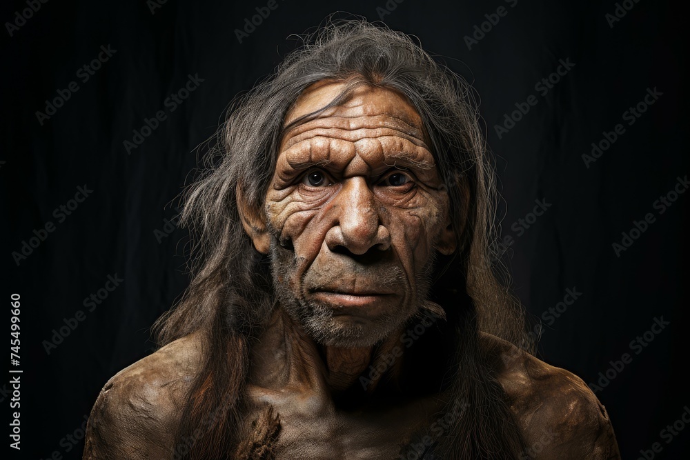 Broad Neanderthal man face. Primitive history old male portrait. Generate Ai