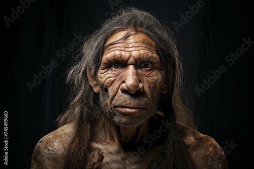 Broad Neanderthal man face. Primitive history old male portrait. Generate Ai