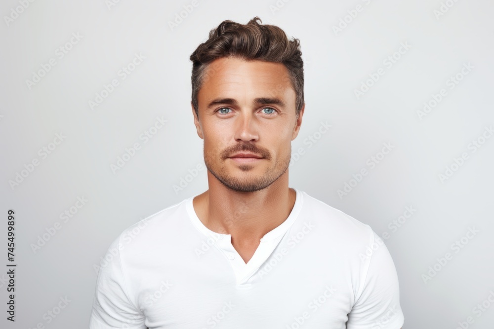 Portrait of handsome young man in white t-shirt looking at camera. Portrait of handsome young man in white t-shirt looking at camera.
