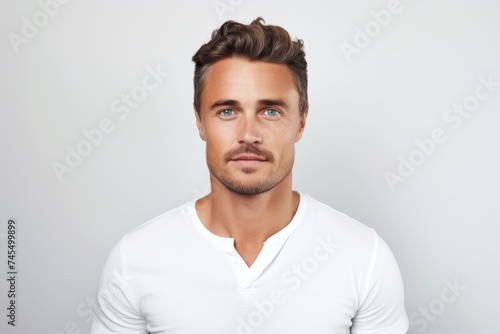 Portrait of handsome young man in white t-shirt looking at camera.