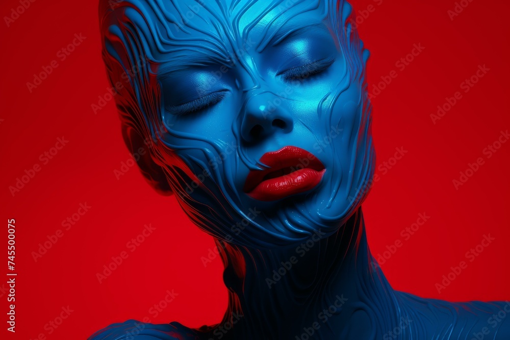 Unorthodox Neon blue red woman. Party retro color pattern style. Generate AI