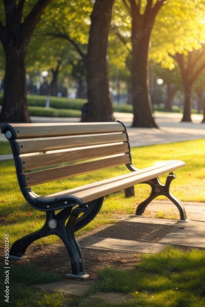 a park bench sitting on a brick walkway a park bench sitting on a brick walkway