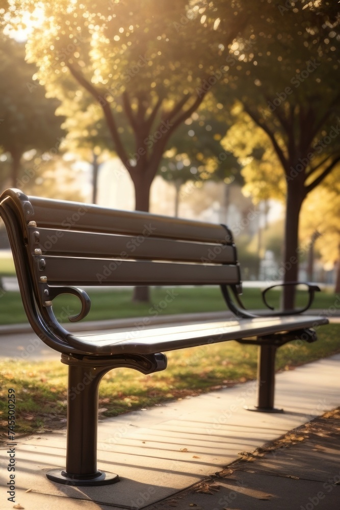 a park bench sitting on a brick walkway a park bench sitting on a brick walkway