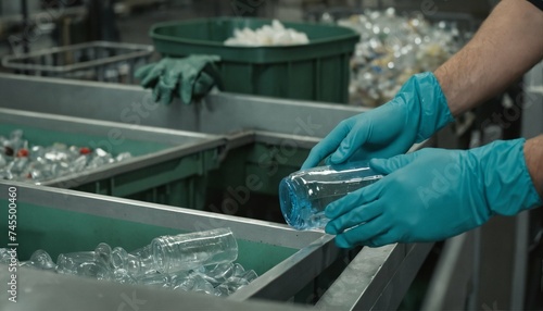 Close-up of employee's gloved hands sorting plastic bottles and glasses on a recycling conveyor, garbage sorting concept