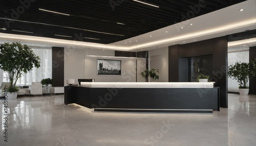 Contemporary interior of a commercial building's reception area, part of a modern workspace environment