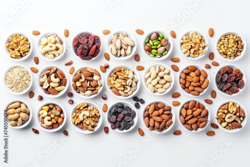 "Assorted nuts and dried fruits in white bowls on a white background. Healthy snacking and dietary supplements concept. Flat lay composition for design in nutrition and wellness."